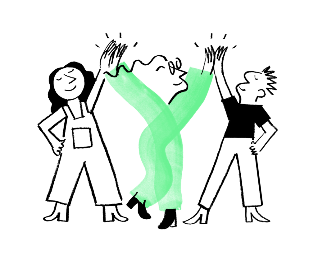 Illustration of Quinn in green, highfiving two people