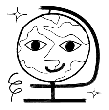 Illustration of a smiling globe with sparkles around