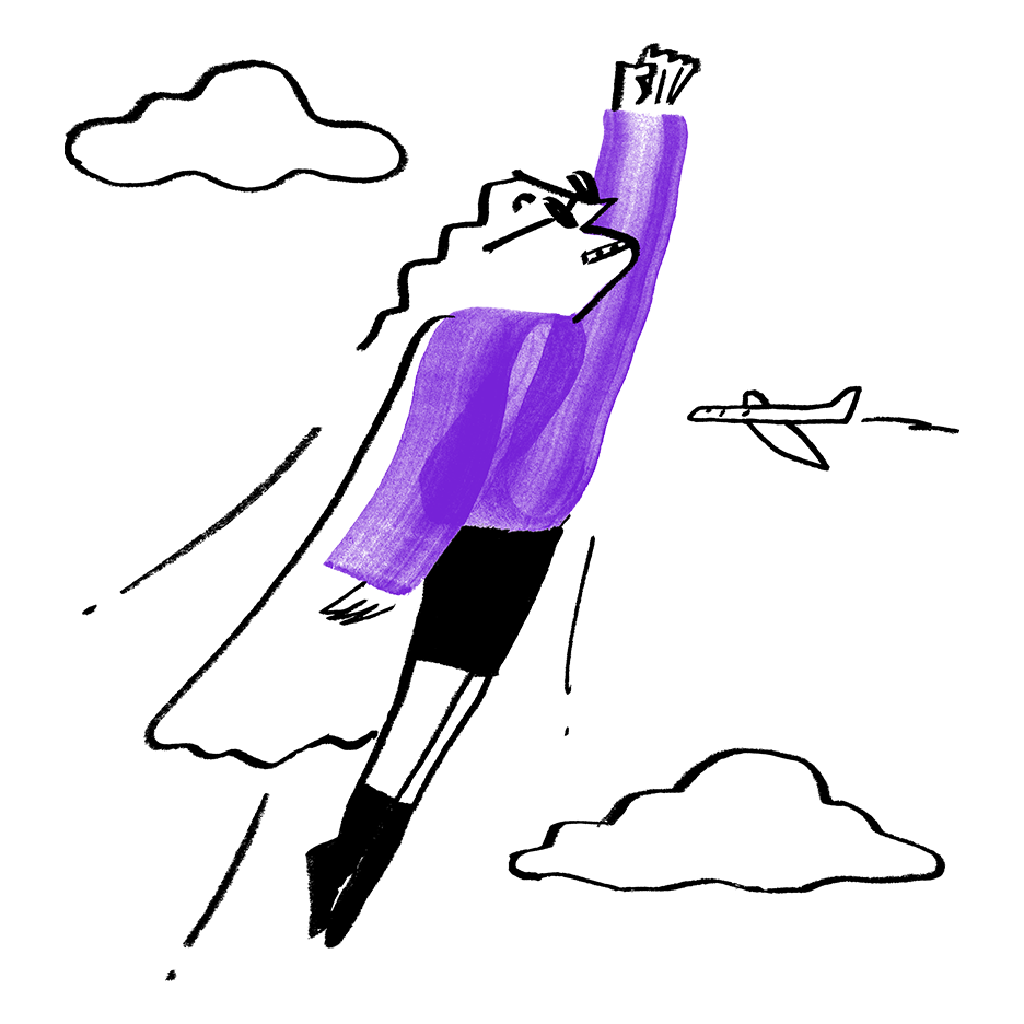 An illustration of Quinn in a purple shirt, soaring through the skies with a cape