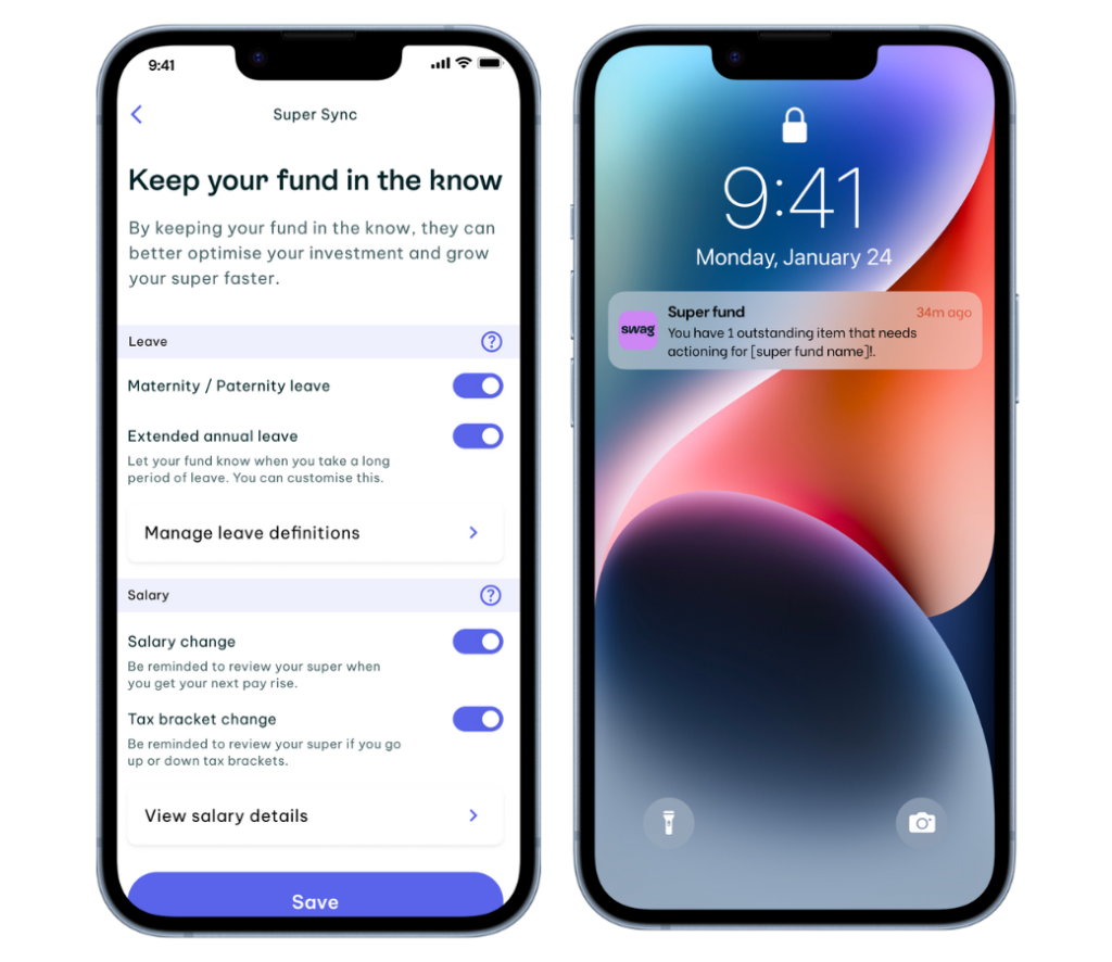 This image shows two mobile screens. The left screen displays "Super Sync" settings for managing fund updates like leave and salary changes. The right screen shows a lock screen notification promoting fund features. The design is clean and intuitive.